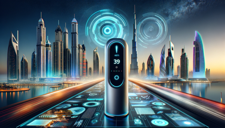 DALL·E 2023 12 07 23.49.19 A futuristic advertisement concept for IQOS Heets in Dubai. The image features a sleek high tech version of IQOS Heets against the backdrop of Dubai